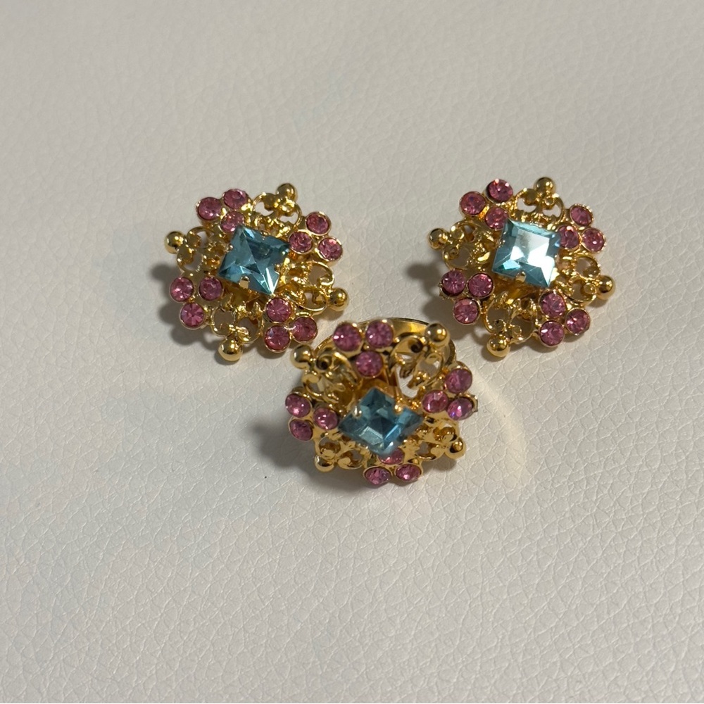 Vintage Versus Versace Crystal Clip-On Earrings & Ring Set Made in Italy